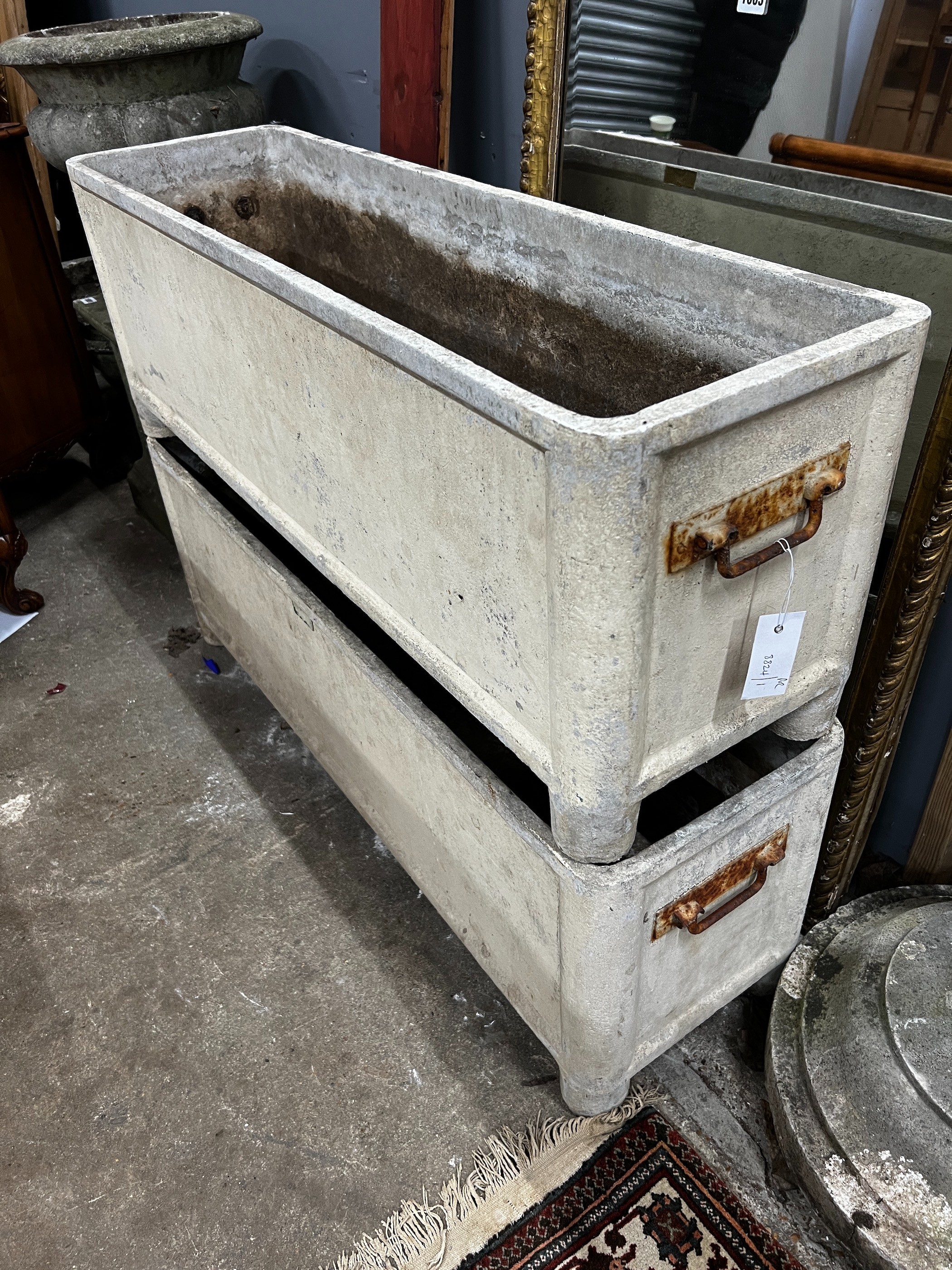 A pair of rectangular French garden planters, width 105cm, depth 30cm, height 36cm, *Please note the sale commences at 9am.